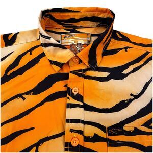 Retro Rifle Shirt Men Medium Orange Black Tiger Animal Print Hunting Safari